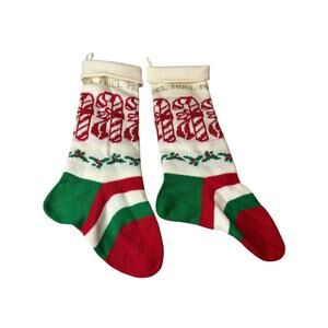 Vintage Pair of Christmas Wool Sweater Stockings Noel Candy Canes Lynda Roy